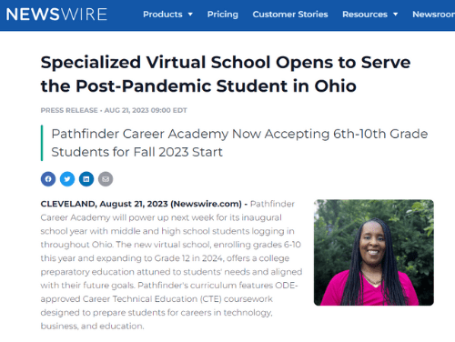 screenshot of NEWSWIRE article about Pathfinder Career Academy